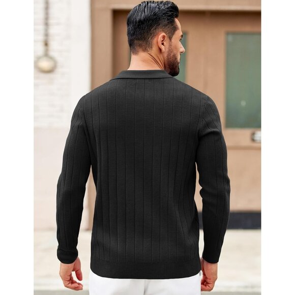 Men's Polo Sweaters Long Sleeve V Neck Knit Casual Pullover Sweater All Black - Picture 5 of 6